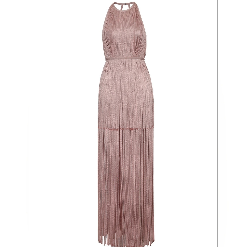 ISO HERVE LEGER BLUSH FRINGE DRESS